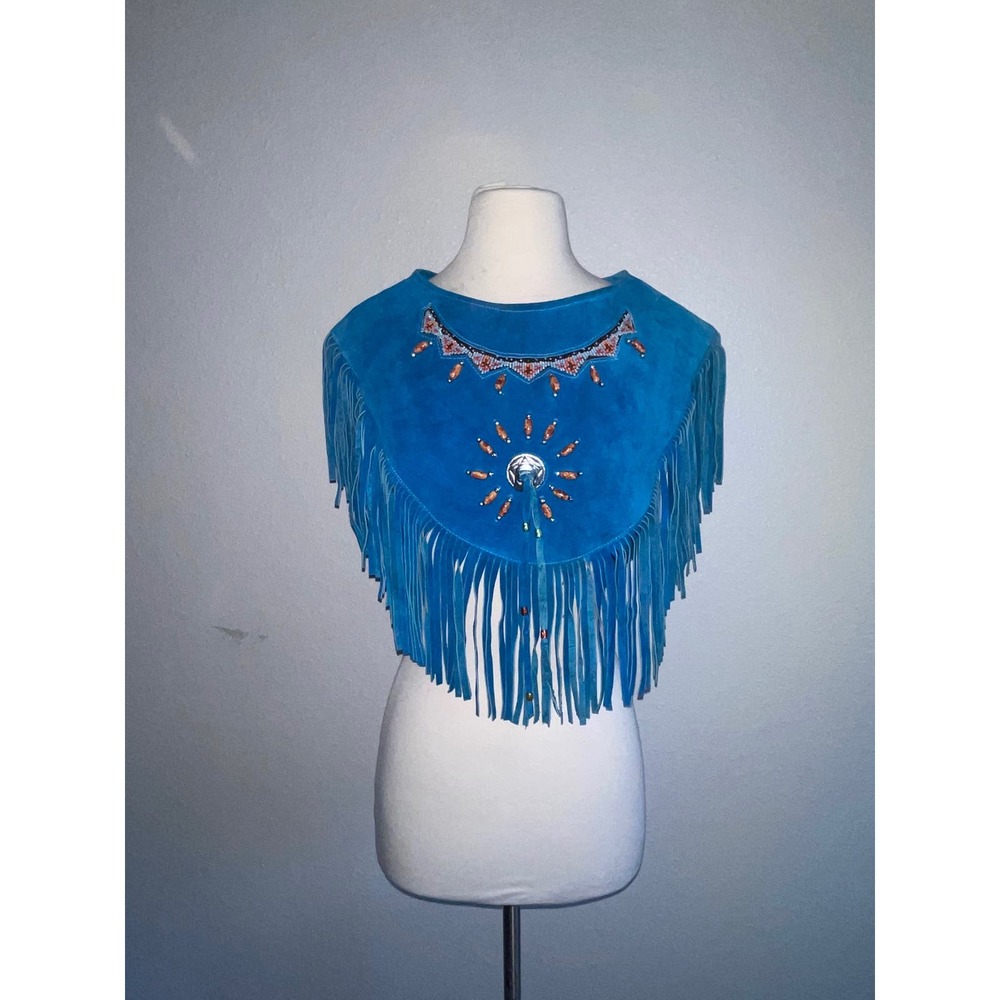 Real suede handmade turquoise pancho with beading